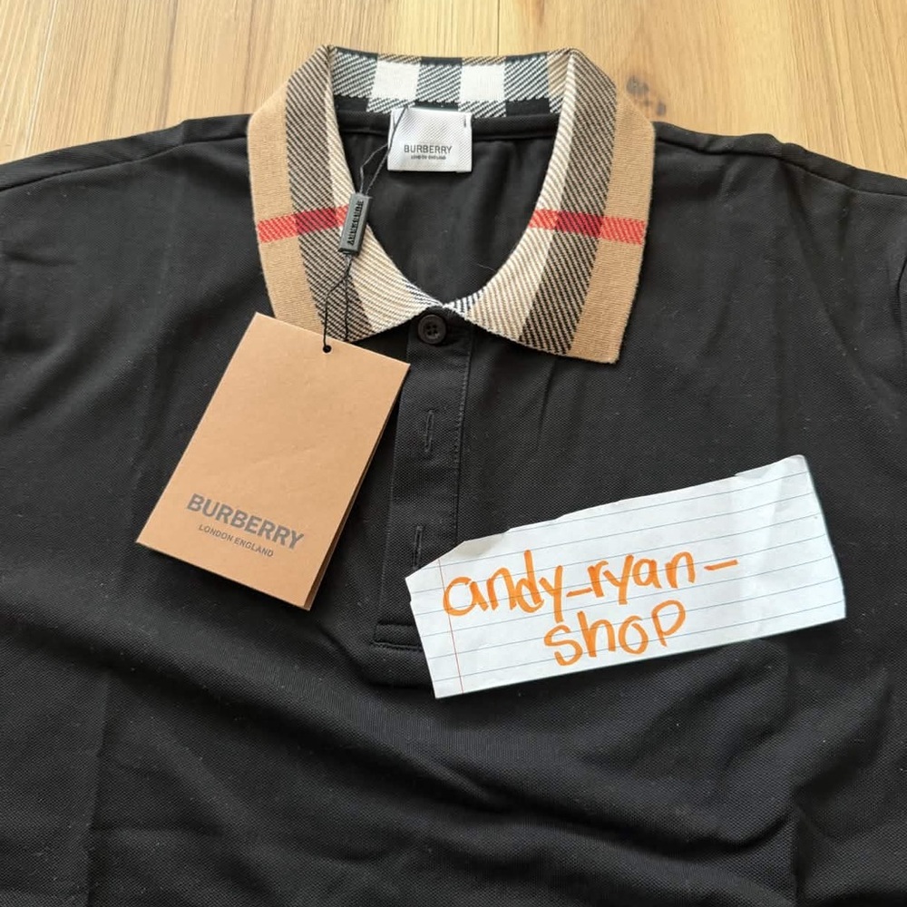 Black Polo Shirt with Checkered Collar